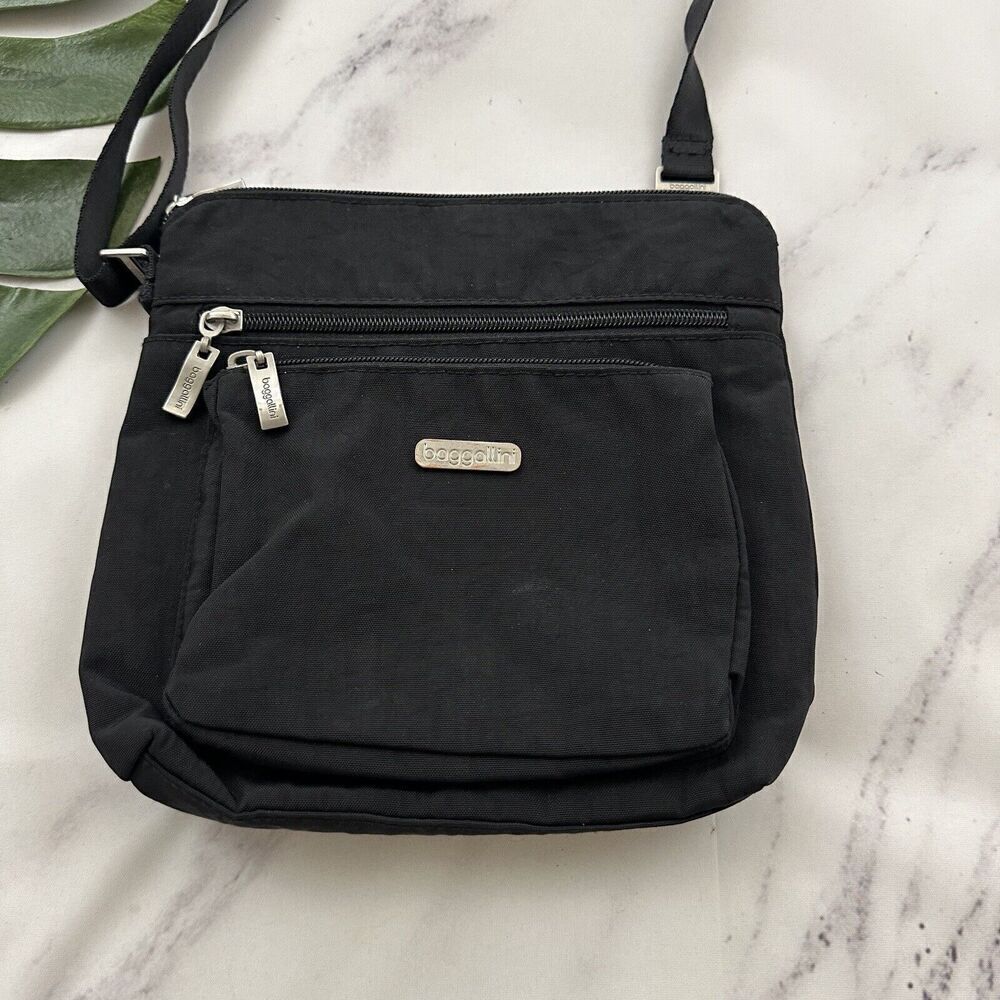 Baggallini Black Cross Body Purse Bag Solid Nylon Zipper Pockets Matching Pouch - Picture 3 of 7
